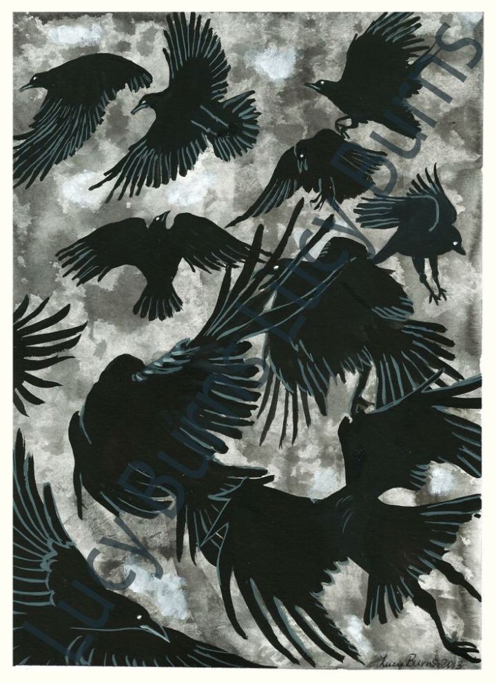 In Rhonabwy's Dream, Owain's army of ravens defeats Arthur's men while they play chess.  Artwork by Lucy Burns, Welsh Artist (2013).